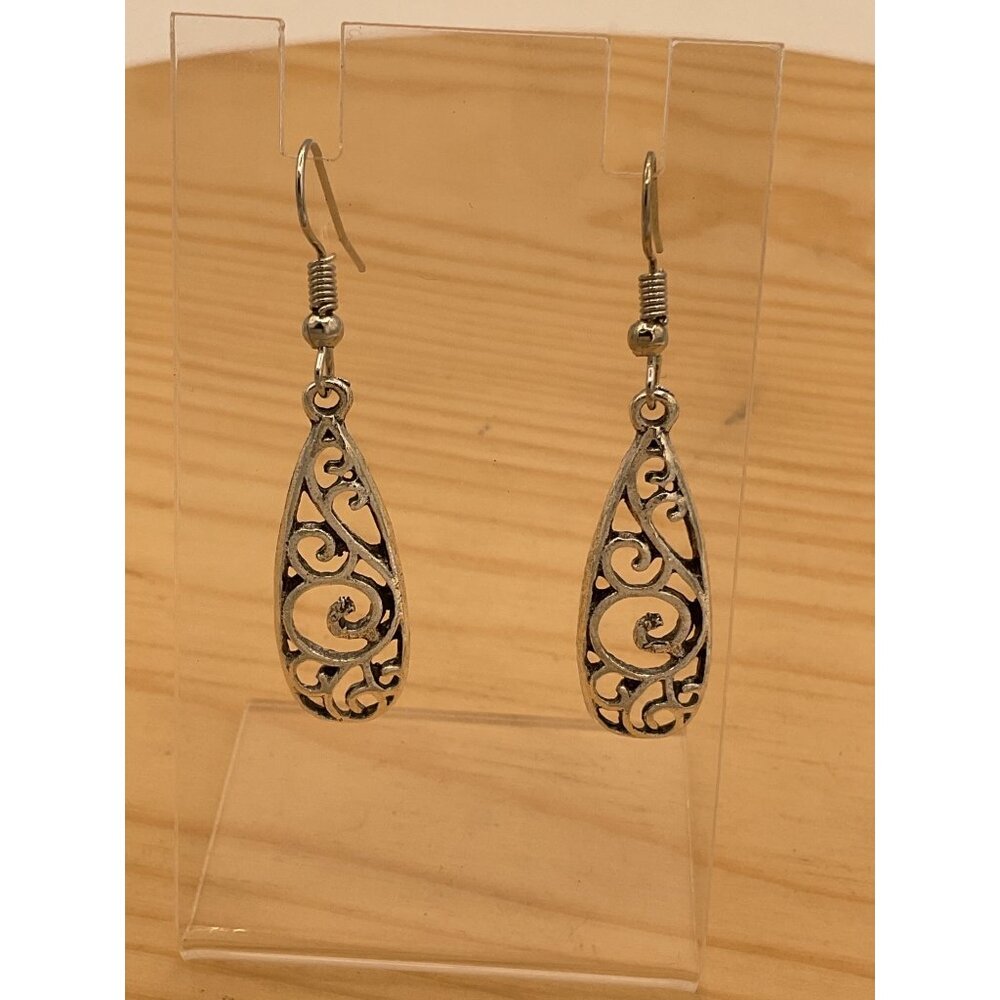 Silver Filigree Teardrop Earrings Boho Ethnic Scroll Dangle